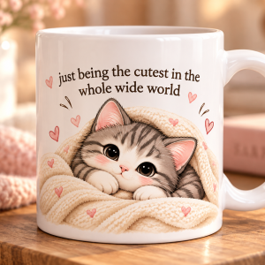 Cozy Cat Ceramic Mug — "Just Being Me" Cute Cat Snuggle Coffee Cup (11oz/15oz)