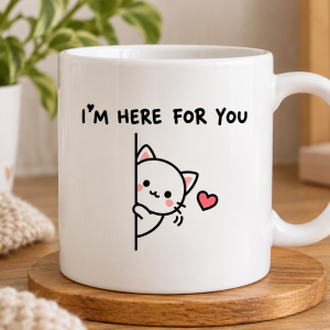 Ceramic Mug — Cute Cat 'I'm Here for You' Comfort Coffee Cup (11oz, 15oz)